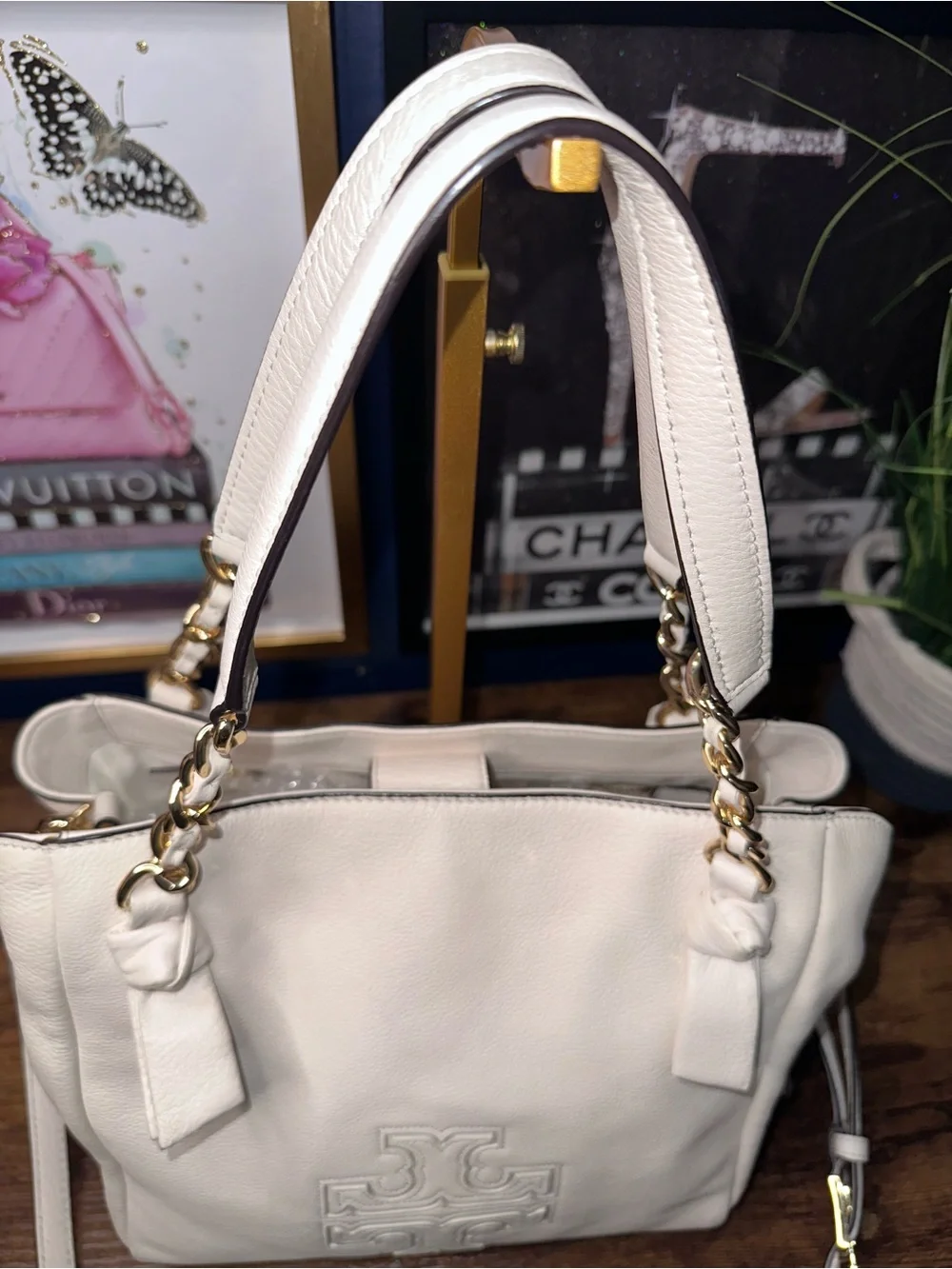 Tory Burch Harper Leather Satchel Ivory Cream Crossbody Bag